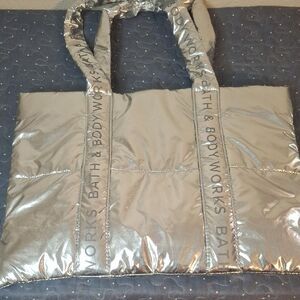 Bath & Body Works Shiny Silver Puffer Tote